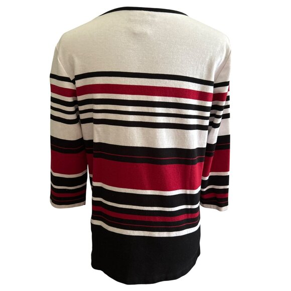 Alfred Dunner Red Wh Blk Striped Stud Embellished 3/4 Sleeve Scoop Neck Top S - Picture 3 of 7